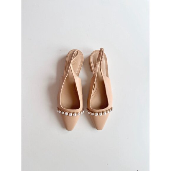 ZARA Tan Beige Leather Pearl Trim Pointed Toe Slingback Ballet Flats, Size 37 - Picture 2 of 14